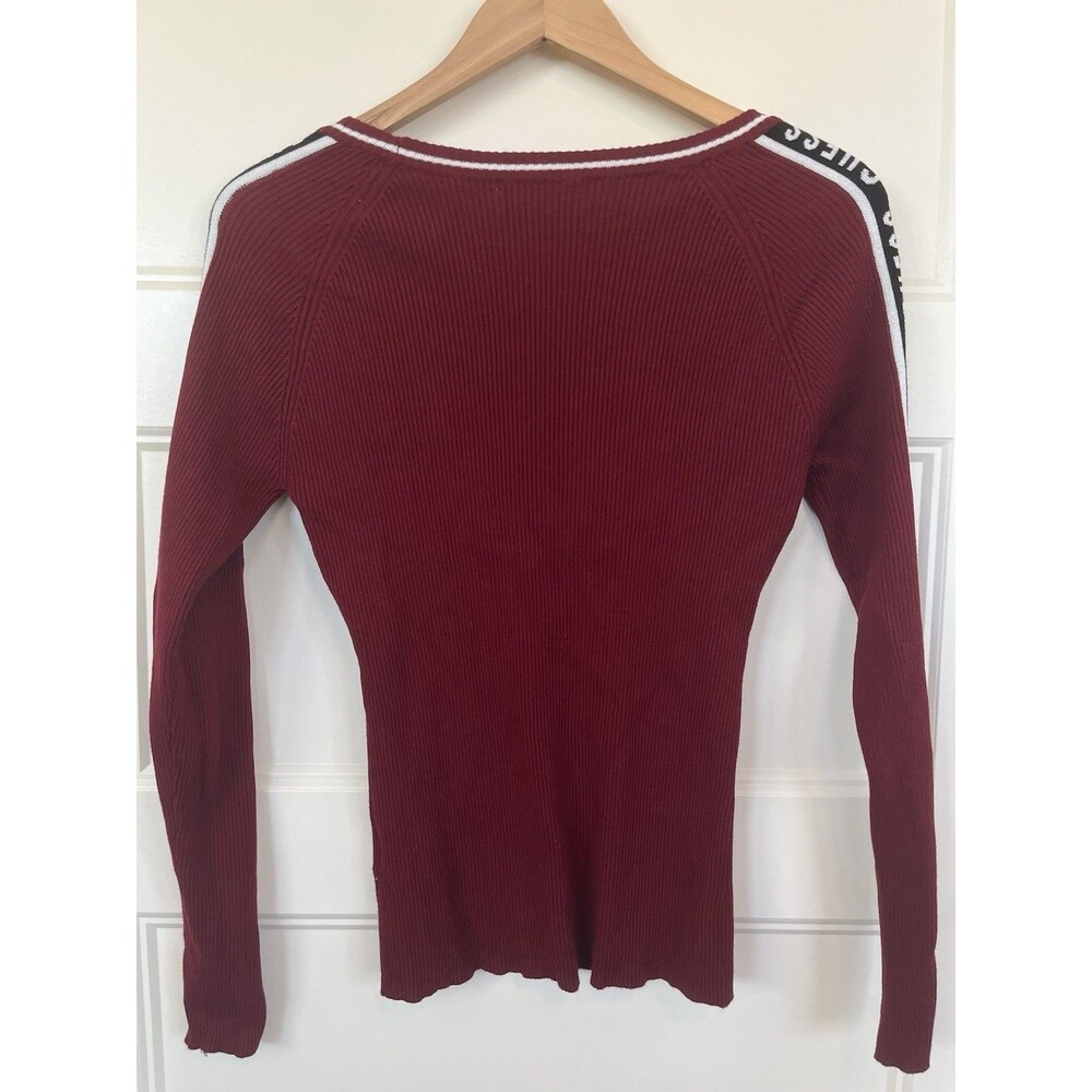 GUESS Women's Ribbed Scoop Neck Top Burgundy Red Logo Tape Arms Long Sleeve L - Picture 2 of 3